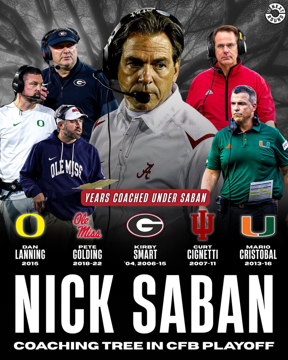 CSOonX's tweet image. Crazy stat: All 4 head coaches in the CFP semifinals will be former Nick Saban assistants at Alabama: 🐐