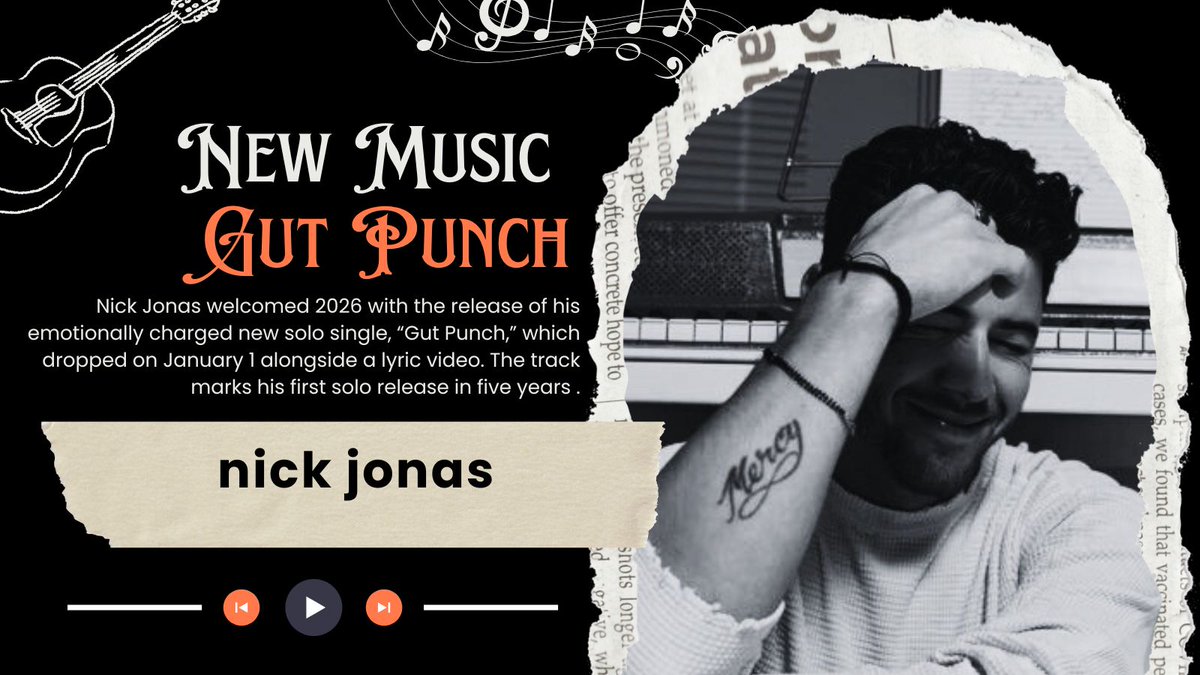 infectedeardrum's tweet photo. @nickjonas welcomed 2026 with the release of his emotionally charged new solo single, “Gut Punch,” which dropped on January 1 alongside a lyric video. Co-written with JP Saxe and The-Dream, the song explores self-criticism, emotional growth, and learning to be kinder to oneself. https://t.co/a9G8mHmjvD