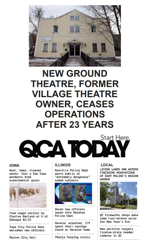 Nina Baker/<a href="/qctimes/">Quad-City Times</a> re <a href="/NewGroundTCICHS/">New Ground Theatre Company at Iowa Colony HS</a> was founded in 2002 &amp; put on original shows at the #VillageTheatre in @CityofDavenport. When NG sold the building, which has stood for 125 years, in late 2024, they donated the proceeds to <a href="/clockincLGBT/">Clock, Inc: LGBT+ Community Center</a>, <a href="/MWC_QC/">MidwestWritingCenter</a>,. . .