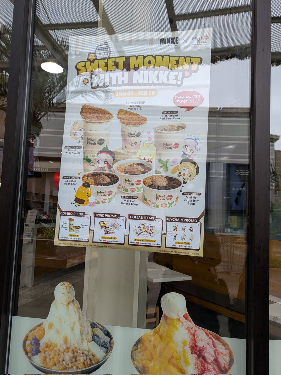 mijudraws's tweet photo. i got the anis stuff, mission accomplished lol
collab menu items shown in the second pic. get the bready recommendation. tiramisu milk tea is REALLY good.
the CD keys are printed on the receipt. they contain 100 gems, credit and battle data cases each.
#nikke #meetfresh https://t.co/mrRR6Lq296