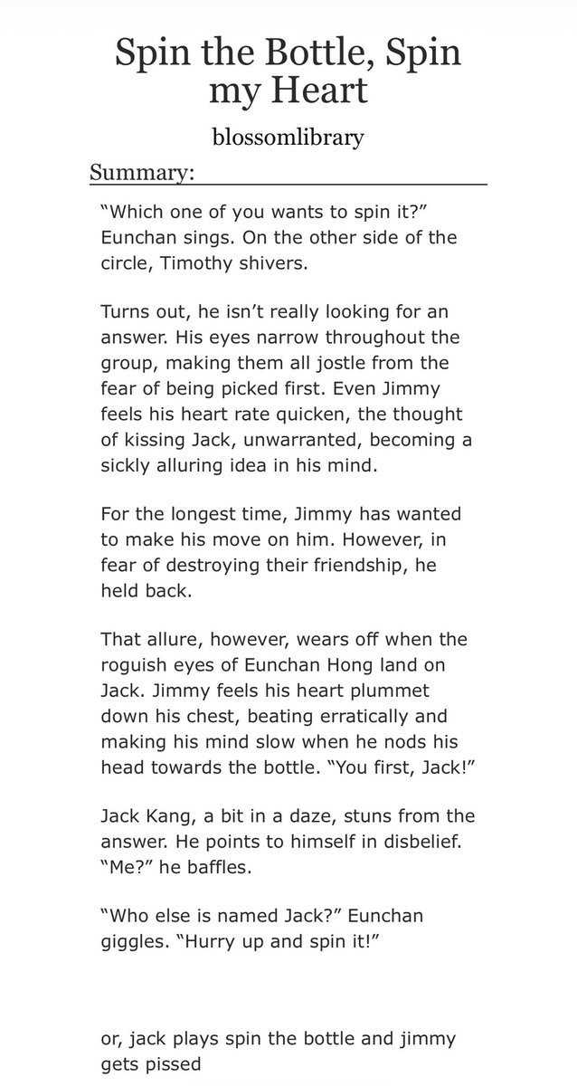 weakestblossom's tweet photo. a #jimmyjack fic — spin the bottle, spin my heart 

where jack plays spin the bottle, and jimmy gets jealous 

https://t.co/4SuwA3ABzX https://t.co/o24MaA7hv5
