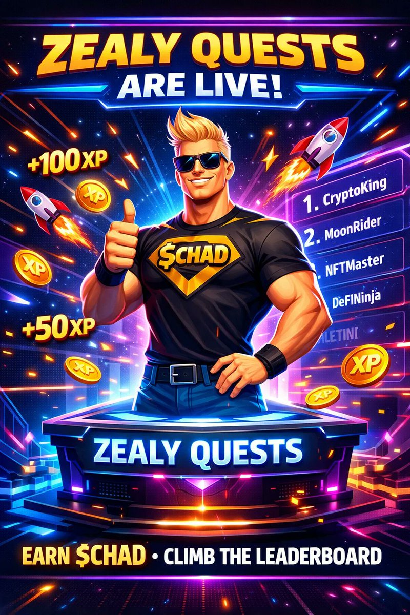 Chadt0ken's tweet photo. ๐ BIG ANNOUNCE! The $CHAD Zealy Questboard is NOW LIVE!
Complete simple social media tasks, earn XP, and climb the leaderboard for a share of our $3000 dollars reward pool! ๐
๐ Join here : https://t.co/RNVVoFtW0Z
#ChadToken #Crypto #Airdrop #Zealy #Web3 #Solana #Memecoin https://t.co/qWQHM1vJk8