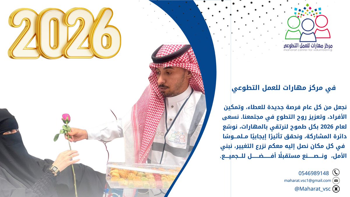 في #مركز_مهارات_للعمل_التطوعي نجعل من كل عام فرصة جديدة للعطاء وتمكين الأفراد وتعزيز روح #التطوع في مجتمعنا نسعى في عام 2026 بكل طموح لنرتقي بالمهارات نوسع دائرة المشاركة ونحقق تأثيرًا إيجابيًا ملموساً في كل مكان نصل إليه معكم نزرع التغيير نبني الأمل ونصنع مستقبلاً أفضل للجميع