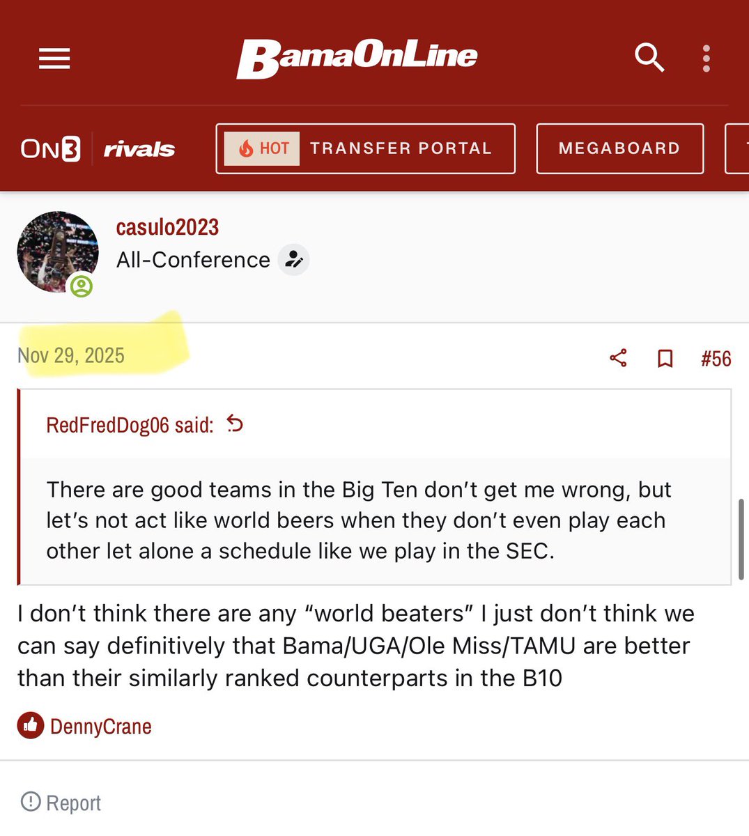 In November an #Alabama fan had the nerve to to suggest that #Indiana, #Oregon and #OhioState were as good as the top teams in the #SEC. His post was not met favorably. Read it here: bit.ly/44SKwVR
