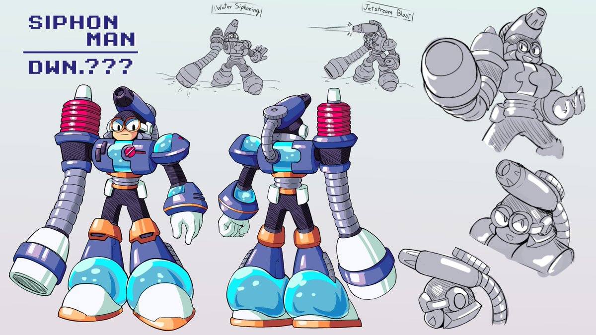 Robot Master Design: Siphon Man 

A robot designed to help with floods and water transport, he expels excess water from his head mounted hose, but Dr Wily reprogrammed him and replaced it with a high pressure jet spray.

Pen Name: SurrealMayo

#MegaManDO #DesignARobotMaster