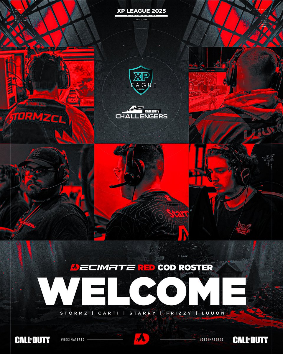 DecimateGG's tweet image. 🔥 WE SEE RED 🔥

Making there debut already under the Decimate brand - Introducing our roster for the @XP_Leagues and @ZGLCallofDuty Online Leagues:

🔥 DcM | @Luuuon
🔥 DcM | @CartiiiXO
🔥 DcM | @LuvFrizzy
🔥 DcM | @starry905
🔥 DcM | @StormzCL

Welcome #DecimateRed to the…