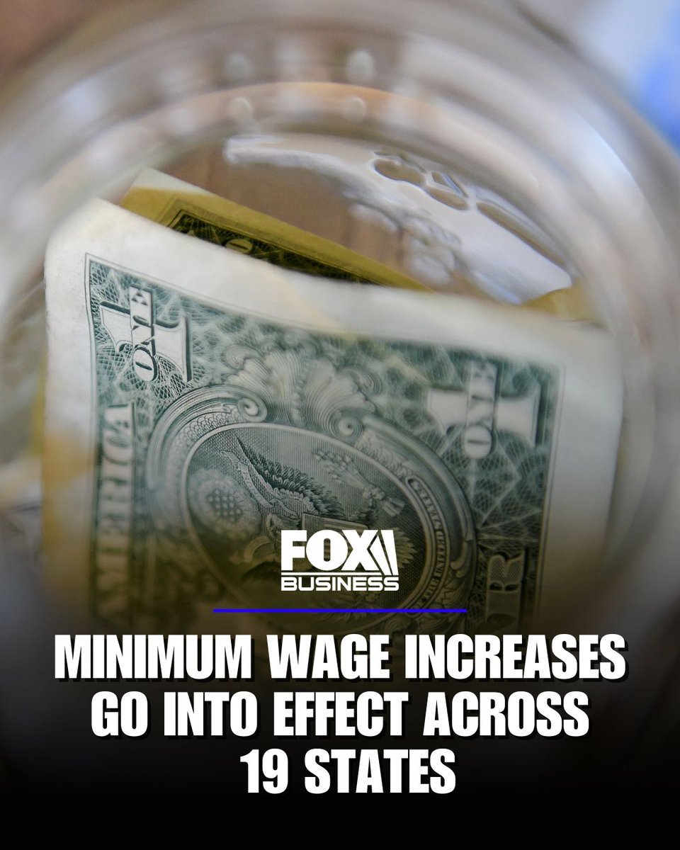FoxNews's tweet photo. PAY BUMP: American workers at the bottom end of the pay scale are set to see the minimum wage rise in 19 states effective on New Year's Day, while three other states are also planning minimum wage increases later in 2026. https://t.co/UV33yLw1sM
