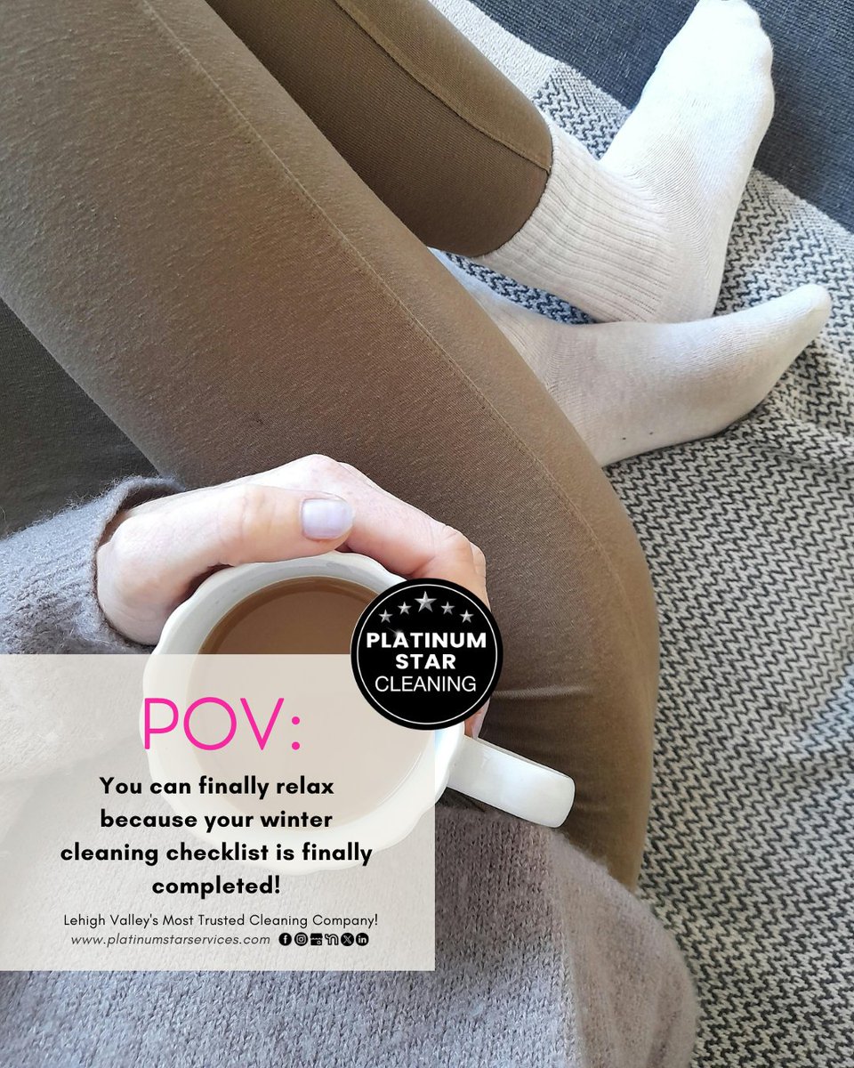PStarService's tweet image. POV: You can finally relax because your winter cleaning checklist is officially complete ❄️✨

Feet up, warm drink in hand, stress out of sight. 🧼☕

💖 Platinum Star Cleaning 💖 Lehigh Valley’s Most Trusted Cleaning Company 💖

🌐 platinumstarservices.com | 📞 610-504-5469
