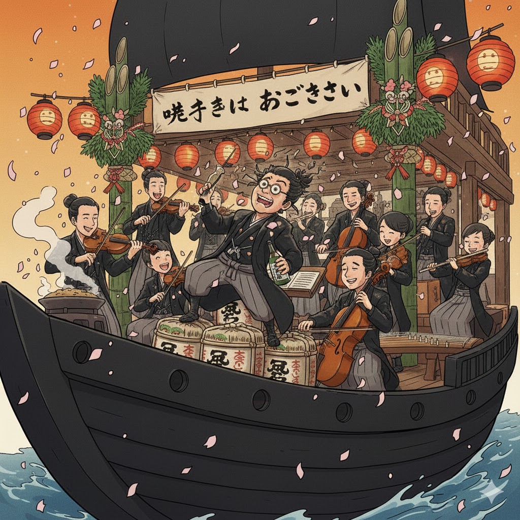 kco_pr's tweet photo. 新年明けましておめでとうございます✨
今年も楽しい嬉しい音楽の時間を皆様と共有させてください！
5/31の定期演奏会、是非お越しくださ〜い！
あと団員（特に弦パート）も絶賛募集中！
メインはスコットランド、今から共にに苦しみ楽しんでいきましょう！

AIに描いてもらった新年の黒船イラスト笑 https://t.co/UK4uUMHgIL