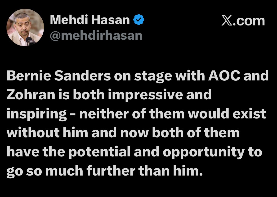 LeftyWinter's tweet photo. Bernie Sanders is a living and walking legend. 

He will go as one. Mehdi is right. 

AOC and Zohran wouldn't have existed without him. And because of him they will go further than he ever could. 

Sure he never became President but he created something much bigger than himself. https://t.co/SFYoWygpaf