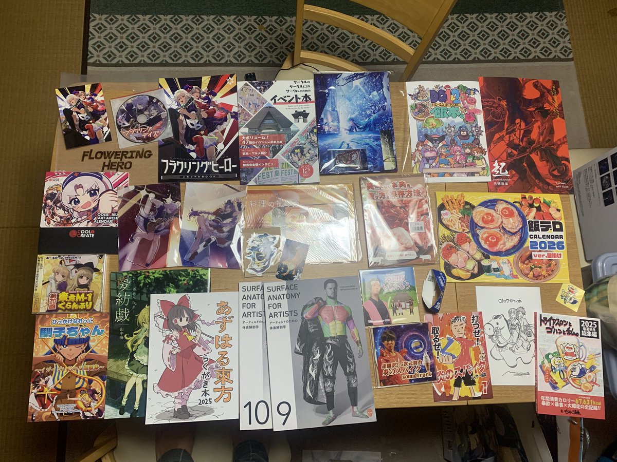 syuei14's tweet photo. C107冬コミの戦利品です！
去年は写真1枚だったのですが、今年はあまりにも沢山購入したので3枚になりました！
1枚目が1日目、2・3枚目が2日目になります！ https://t.co/0zBa3chJox