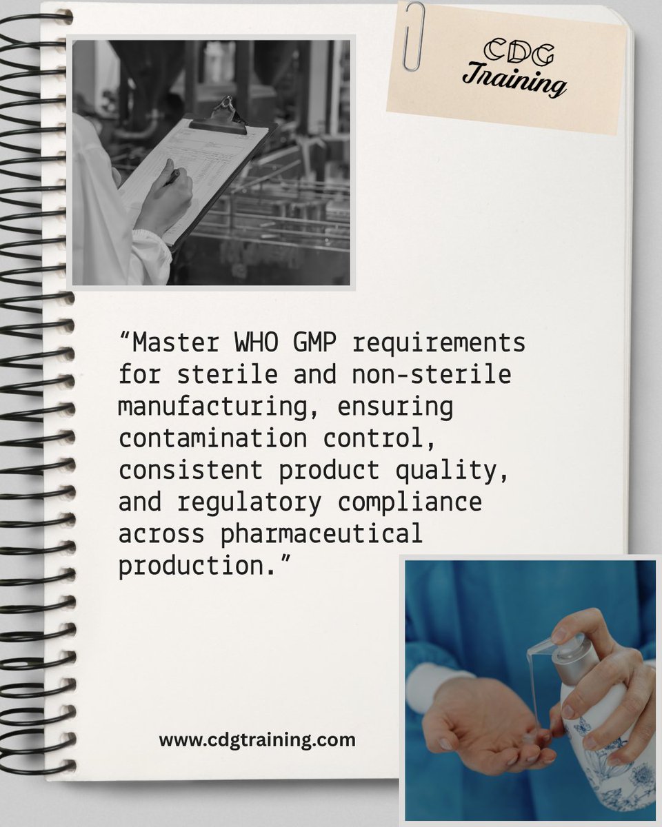 cdgtrainings's tweet image. Clear records of air quality, surface checks, and corrective actions help you maintain WHO GMP compliance and product safety.

Learn more: cdgtraining.com/courses/WHO-GM…

#whogmp #gmpcompliance #sterilemanufacturing #nonsterilemanufacturing #qualityassurance  #professionalgrowth