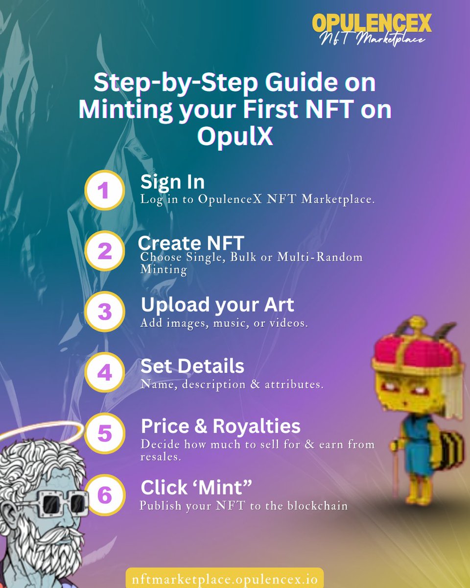 💫Step-by-Step Guide on Minting Your First NFT on OpulX

1️⃣ Sign in to OpulX (OpulenceX NFT Marketplace)
2️⃣ Create NFT — Single, Bulk, or Multi-Random
3️⃣ Upload your art (image, music, or video)
4️⃣ Set details — name, description &amp; attributes
5️⃣ Price it + set royalties 💰
6️⃣