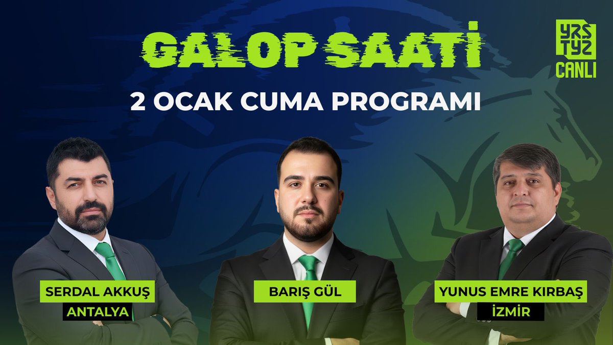 Galop Saati ile yarış heyecanı başlıyor!

Bugün saat 11.30'da <a href="/Baris_Gulll/">Barış Gül</a> moderatörlüğünde <a href="/SerdalAkku4/">Serdal Akkuş</a> ve <a href="/YunusEmre199001/">YEK</a> Antalya ve İzmir yarışlarını CANLI yayında Galop Saati programında yorumluyor.

İzlemek İçin ➡️ youtube.com/live/ZIlHhAucT…