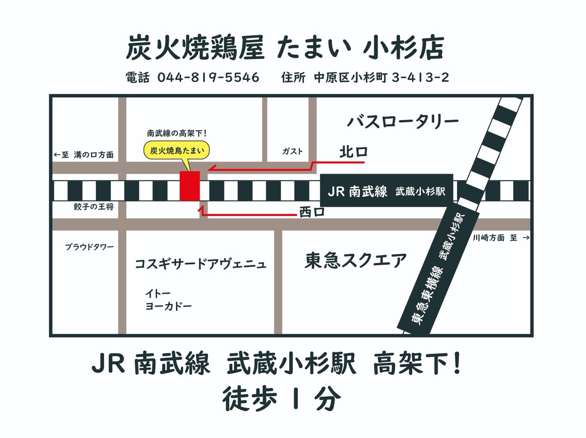 Tamai_Group's tweet photo. 🎍🍻 本日1月2日より営業スタート！ 🍻🎍

あけましておめでとうございます🌅
2026年、1月2日から営業開始です！

新年最初の一杯は、
武蔵小杉の「炭火焼鳥たまい」でぜひ🍶✨

▶【 武蔵小杉 炭火焼鳥たまい 】🍻✨
JR南武線高架下／東急スクエア近く
溝の口を代表する老舗居酒屋「たまい」の姉妹店です😊✨

✨ 溝の口名物 ✨
🥢 金運つくね 165円
▶ おひとり様1本までの大サービス限定品
▶ 食べて得して✨金運アップ✨

🔥 外席限定・もつ鍋 🔥
厳選　「豚もつ鍋」　ひと鍋（2～3人前）2178円
※外席でのみご注文いただけます♪
※1組1鍋限定

🔥 炭火焼鳥
職人が一本一本手刺し
▶ 1本135円～

🍢 鶏ガラスープのおでん
▶ 1個132円

🍽 ちょい飲みにうれしい一品料理も充実！
▶ ハムカツ　275円
▶ 塩昆布キャベツナムル　314円
▶ ポテトサラダ　314円
▶ 特製 手羽先唐揚　330円～
▶ 自家製 旨やっこ　462円
▶ チョリソ　528円

🍺 気軽に一杯
▶ チューハイ　396円
▶ 角ハイボール　418円
▶ 生ビール　545円
▶ お燗酒　429円
▶ ホッピー　528円
▶ 麦焼酎　418円
▶ カシスソーダ　539円

※ お通し代　385円

──────────────────

【 炭火焼鳥 たまい 小杉店 】
〒211-0061
神奈川県川崎市中原区小杉町3-413-2
📞 044-819-5546
https://t.co/bvCXgP9lll

🚃 JR武蔵小杉駅 徒歩2分

🕓 営業時間
16:00～23:45
（L.O.23:00／ドリンクL.O.23:15）

❌ 定休日
年末年始のみ休業
（12月31日・1月1日）

🪑 席数
総席数：51席
テーブル／立ち飲みあり／テラス・屋外席あり

🚬 喫煙可
※喫煙店のため、お子様を含む未成年者の入店はできません

#武蔵小杉
#武蔵小杉グルメ
#武蔵小杉
#武蔵小杉居酒屋
#武蔵小杉グルメ
#炭火焼鳥
#焼鳥
#たまい
#たまいグループ
#仕事帰りに一杯
#仕事終わり
#サク飲み
#ちょい飲み
#一人飲み
#川崎グルメ
#川崎居酒屋
#外席
#外飲み
#もつ鍋
