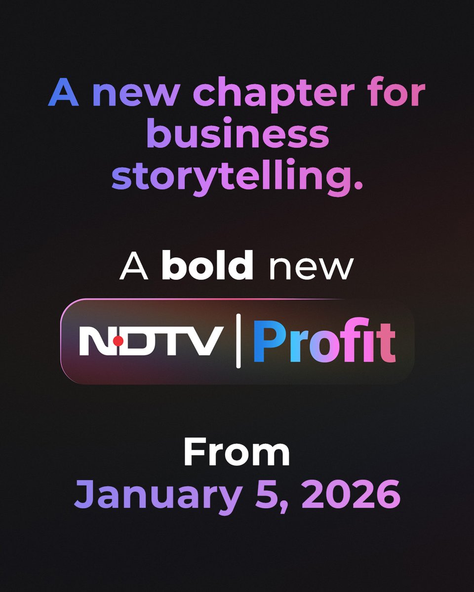 NDTVProfitAlpha's tweet photo. Business news, reimagined.

A bold new NDTV Profit arrives January 5, 2026. #ForYourProfit https://t.co/hzm0s75Iks