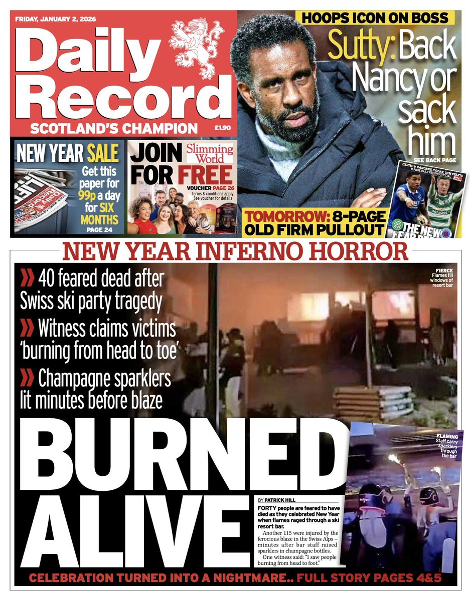 Daily_Record's tweet image. Today's front page: Forty people are feared to have died as they celebrated New Year when flames raged through a ski resort bar. #scotpapers