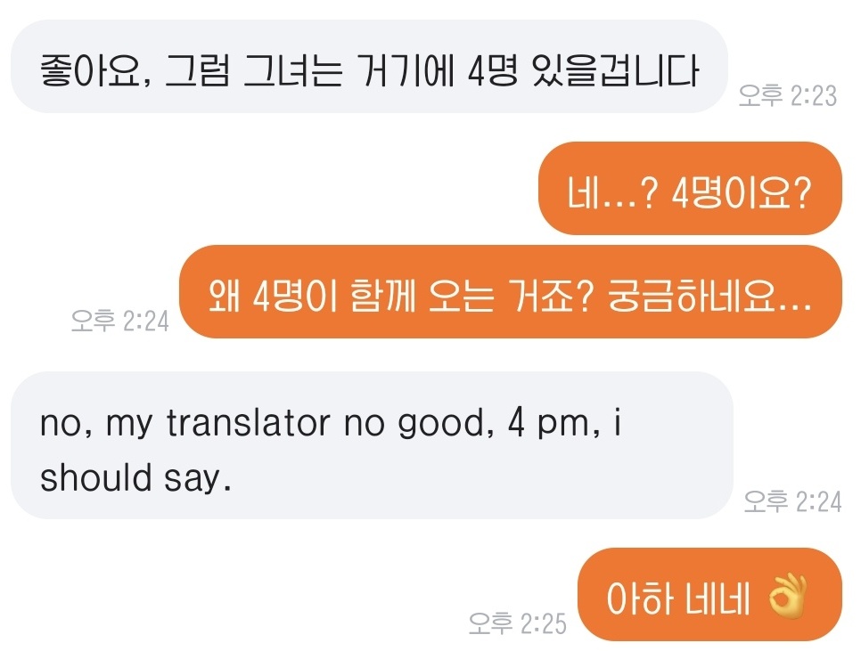이게 뭐냐면요
계란이 당근으로 외국인에게 물건을 팔았는데 갑자기 4명이 온대서 겁에 질려 왜 4명이 오냐고 물어봤던 채팅 내역