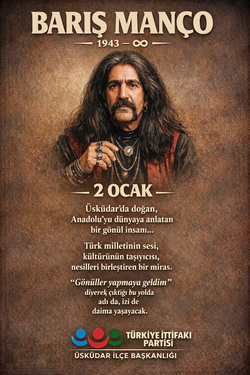 Üsküdar’da doğan, Anadolu’yu dünyaya anlatan bir gönül insanı…
Türk milletinin sesi Barış Manço’yu doğum gününde saygı, rahmet ve minnetle anıyoruz.
“Gönüller yapmaya geldim” diyen bu toprakların evladı, adıyla da iziyle de yaşamaya devam ediyor.
#BarışManço
#2Ocak
#Üsküdar