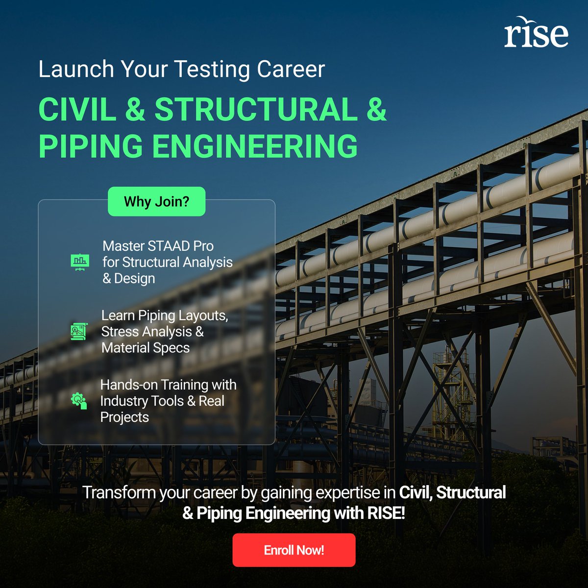 Master Civil &amp; Piping Engineering. 

Build your future today - learnatrise.in/contact/

#Career2026 #FutureSkills #EngineeringExcellence #RISE