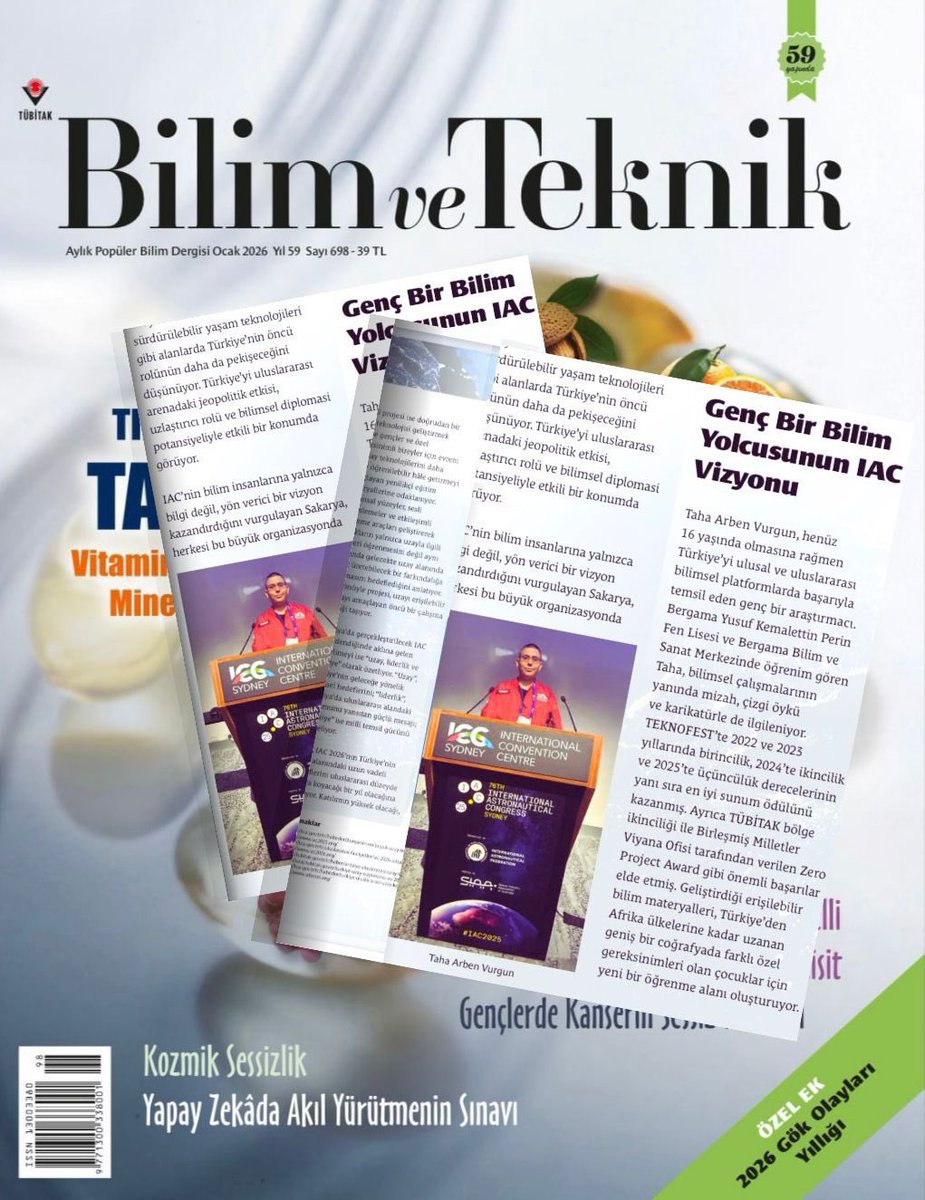 bergama_mem's tweet photo. Öğrencimiz Taha Arben Vurgun, bilimsel çalışmaları ve uluslararası düzeyde elde ettiği başarılar nedeniyle TÜBİTAK Bilim ve Teknik Dergisi’nin Ocak 2026 sayısında yer aldı.

@tcmeb @izmir_ilmem @yahsiomer @UlusEkrem https://t.co/uh6BEArRMA