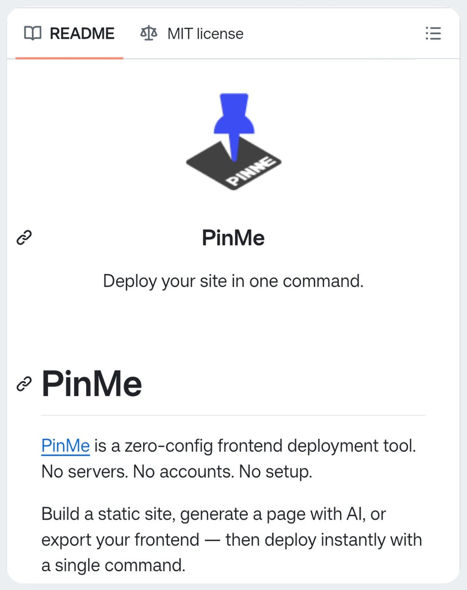 GithubProjects's tweet image. Deploy your site in one command.
No servers.
No accounts.
No setup.
PinMe is a zero-config frontend deployment tool for static sites, demos, and AI-generated pages. Build your frontend, then publish it instantly to IPFS with a single CLI command.