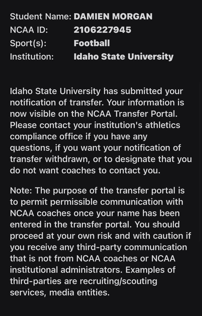 Officially in the Portal 🙏

Damien Morgan 🚨🚨

PFF stats: 56 Rec, 717 yards, 3td

All Conference Big Sky

<a href="/CollegeFBPortal/">College Transfer Portal</a> <a href="/TransferPortal/">Transfer Portal</a> <a href="/247SportsPortal/">247Sports Transfer Portal</a> <a href="/AllenTrieu/">Allen Trieu</a> <a href="/CoachDeeWR/">D’Vonte McKneely</a> <a href="/coach__black/">Marcus Blacksher Jr.</a> <a href="/AgentBardia/">Bardia Ghahremani</a> <a href="/yadda3000/">Kenyatte Morgan</a>