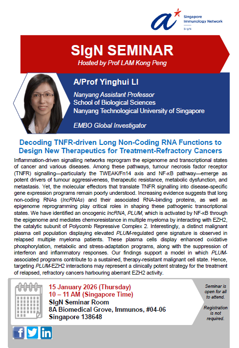 astar_SIgN's tweet photo. Hailing from the west end of Singapore is Prof Li Yinghui from NTU, who will be sharing with us about lncRNAs (long non-coding RNAs) and their role in possible new therapuetics on the 15th of Jan!

Drop by the Immunos Building, Level 4 then to learn more 🌟

#SIgNSeminar https://t.co/U5kGuGhmII