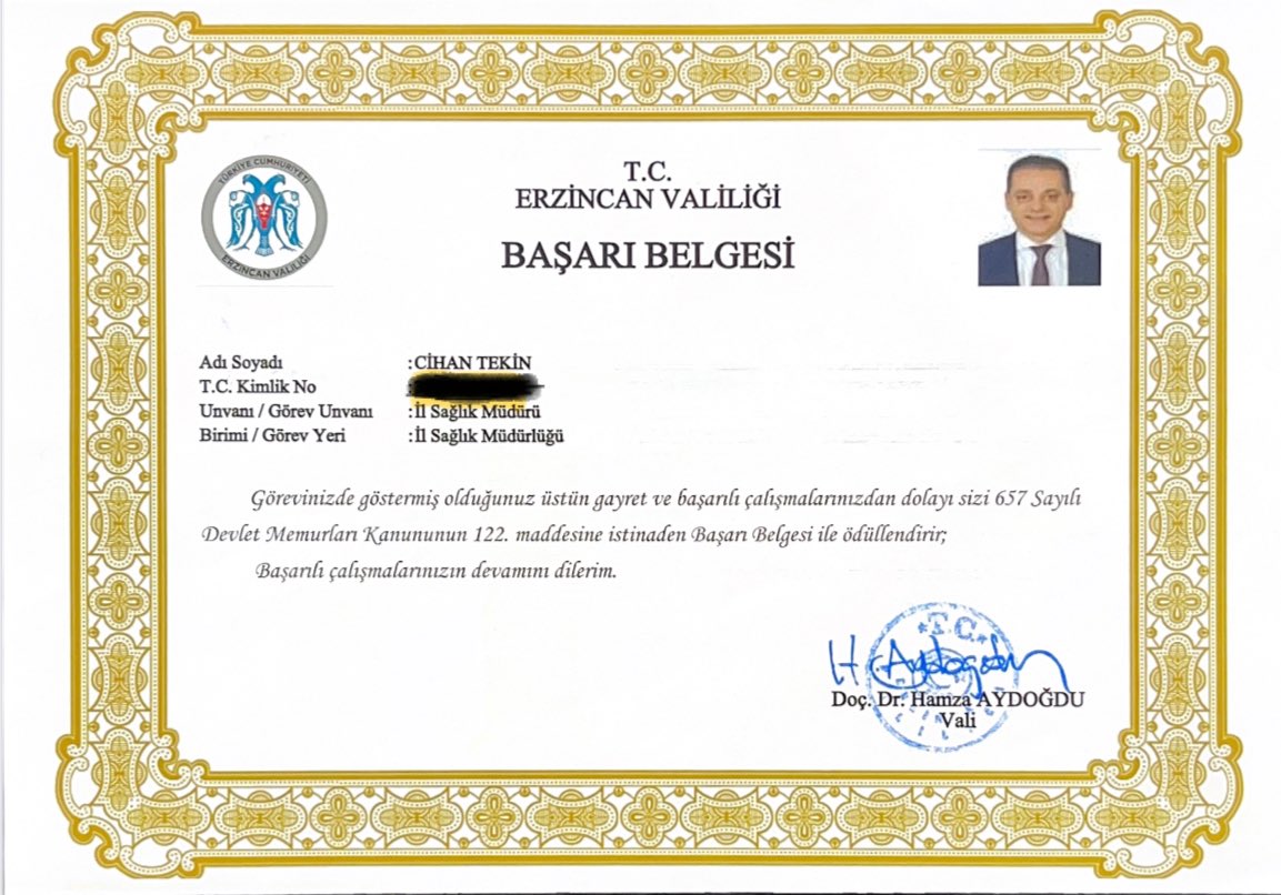 Erzincan Valimiz Sayın Doç.Dr.Hamza AYDOĞDU ‘NUN teveccühleriyle  2025 yılında görevimizde göstermiş olduğumuz üstün gayret ve başarılı çalışmalarımızdan dolayı BAŞARI  BELGESİ  ile taltif edilmiş bulunmaktayım . Bu Başarı Belgesi sağlık camiasının başarısını temsil etmektedir .