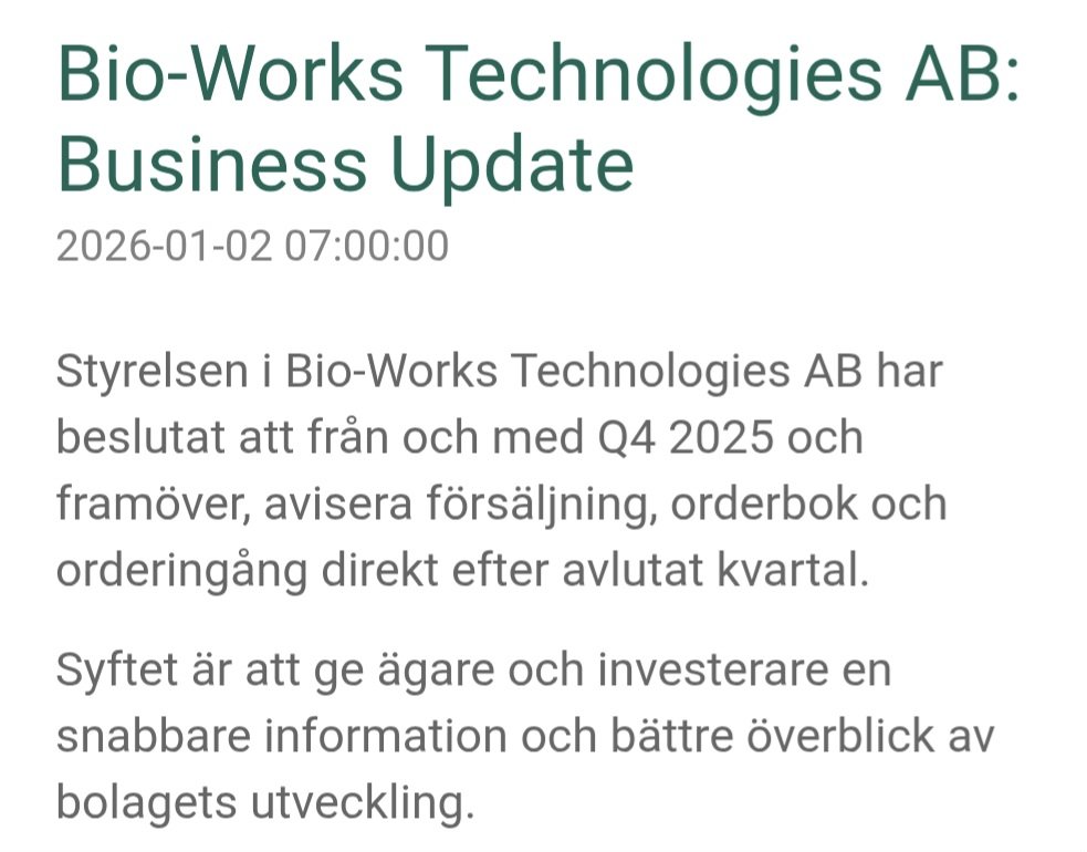 Bra initiativ av Bio-Works att presentera preliminära siffror så här!

De har några veckor kvar tills de kommer in i 30-dagarsperioden (rapport 20 feb).

Bolagen vet hur mycket de fakturerade innan nyår. Det här minskar informationsassymetrierna och sänker rapportdramatiken. 👍