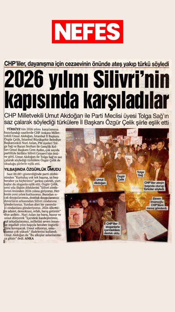 Silivri önündeki eylemimiz, saat itibariyle 1 Ocak’a yetişemediği için bugün gazete manşetlerinde.

📌CUMHURİYET
📌SÖZCÜ
📌KORKUSUZ 
📌KARAR 
📌YENİÇAĞ 
📌NEFES 

Hz. Ali diyor ya; "Bir zulme engel olamıyorsanız, onu herkese duyurun."

İşte amaç bu zulmü herkese duyurmak. Yılbaşı