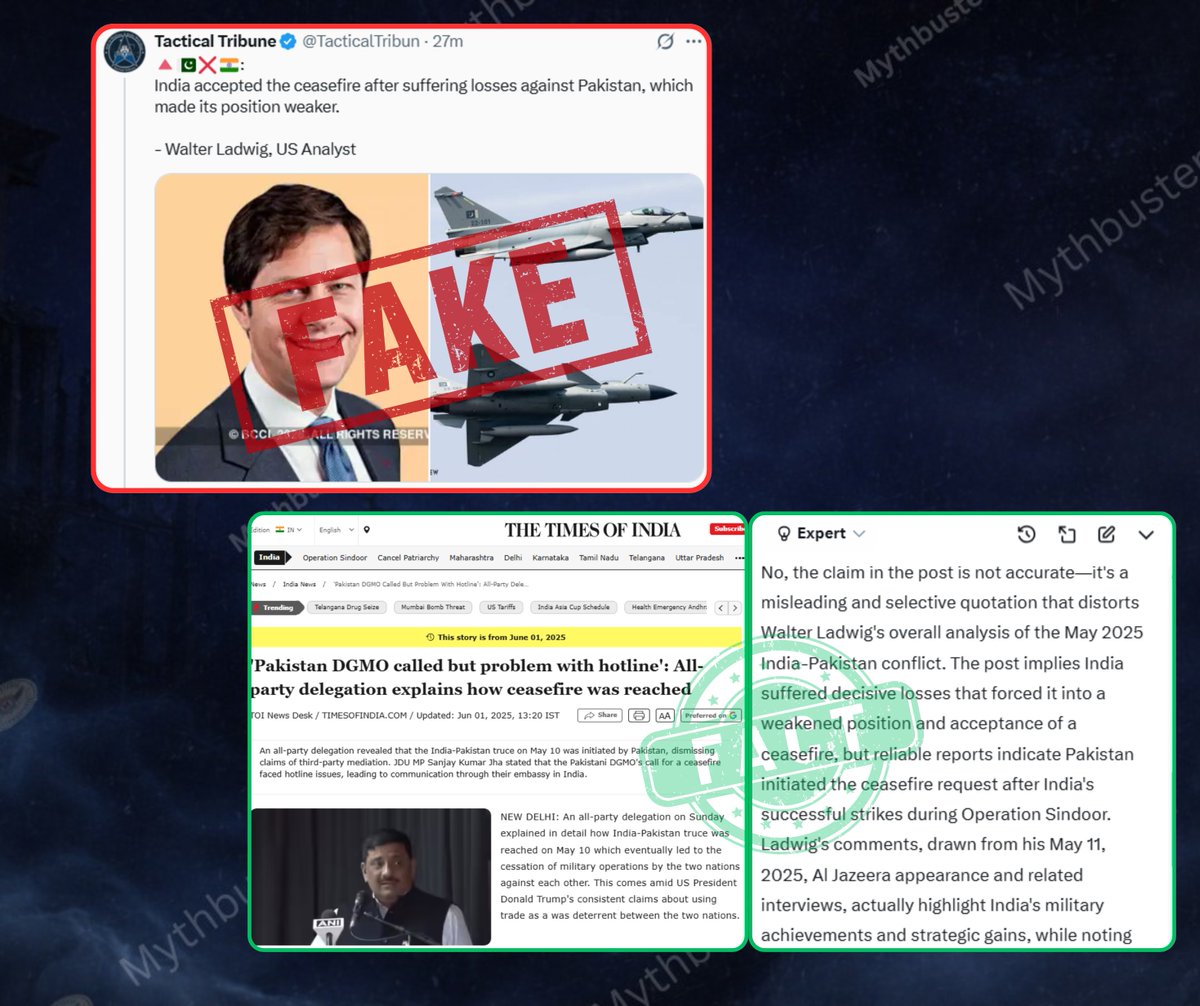 225
🚨 Fact Check: The claim that “India accepted a ceasefire after suffering losses against Pakistan — Walter Ladwig, US Analyst” is completely false.

❌ Walter Ladwig has not made such statements.
❌ This is a routine #propaganda narrative spread by Pakistan-sponsored accounts