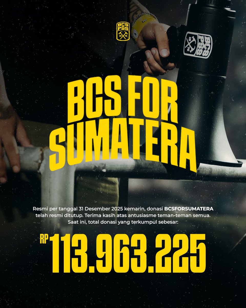 Selamat siang, izin mengabarkan bahwa donasi #BCSforSumatera telah terkumpul sejumlah Rp. 113.963.225 

Terimakasih atas segala donasi yang telah dikirimkan. Dana yang terkumpul akan kami donasikan dan akan kami sampaikan update selanjutnya segera. 

BCS! Ora Muntir! ✊🏻