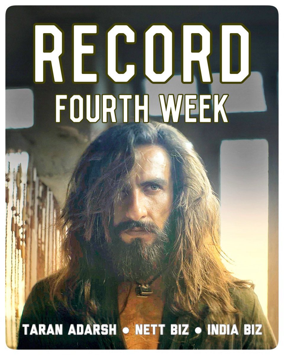 taran_adarsh's tweet photo. 'DHURANDHAR' – THE FIRST FILM TO HIT A CENTURY IN *WEEK 4*... #Dhurandhar shows no signs of slowing down, adding yet another historic milestone to its extraordinary run... It becomes the FIRST #Hindi film ever to cross the ₹ 💯 cr mark in its *fourth week*.

The top *Week 4* performers are as follows:
🔥 #Dhurandhar: ₹ 115.70 cr
🔥 #Pushpa2 #Hindi: ₹ 57.95 cr
🔥 #Chhaava: ₹ 43.98 cr
🔥 #Stree2: ₹ 37.75 cr

Wait, there's more... #Dhurandhar creates yet another historic milestone – it's the ONLY #Hindi film to post *double-digit* collections for *28 consecutive days*.

#Dhurandhar is continuing its boxoffice supremacy despite a new release [#Ikkis] and a reduction in screens and shows... Weekend 5 is expected to be super-solid as well.

⭐️ #Dhurandhar [Week 4] Fri 16.70 cr, Sat 20.90 cr, Sun 24.30 cr, Mon 11.20 cr, Tue 12.60 cr, Wed 12.40 cr, Thu 17.60 cr. Total: ₹ 784.50 cr.
#India biz | Official Nett BOC | #Boxoffice

⭐️ #Dhurandhar biz at a glance…
⭐️ Week 1: ₹ 218 cr
⭐️ Week 2: ₹ 261.50 cr
⭐️ Week 3: ₹ 189.30 cr
⭐️ Week 4: ₹ 115.70 cr
⭐️ Total: ₹ 784.50 cr
#India biz | Official Nett BOC | #Boxoffice