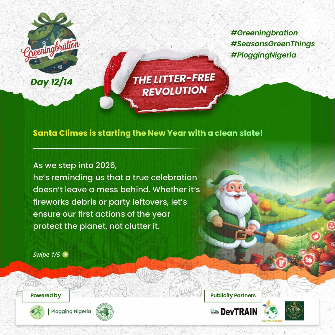 ploggingnigeria's tweet photo. 1️⃣2️⃣/1️⃣4️⃣ of #Greeningbration. 
1/2
It's still Happy New Year! 🥳 

Let’s start the year by refusing to be part of the litterbugs clustering the face of the planet. 

Whether you're at a party or on the road, remember: your actions leave a footprint. https://t.co/v3D0un7kcD