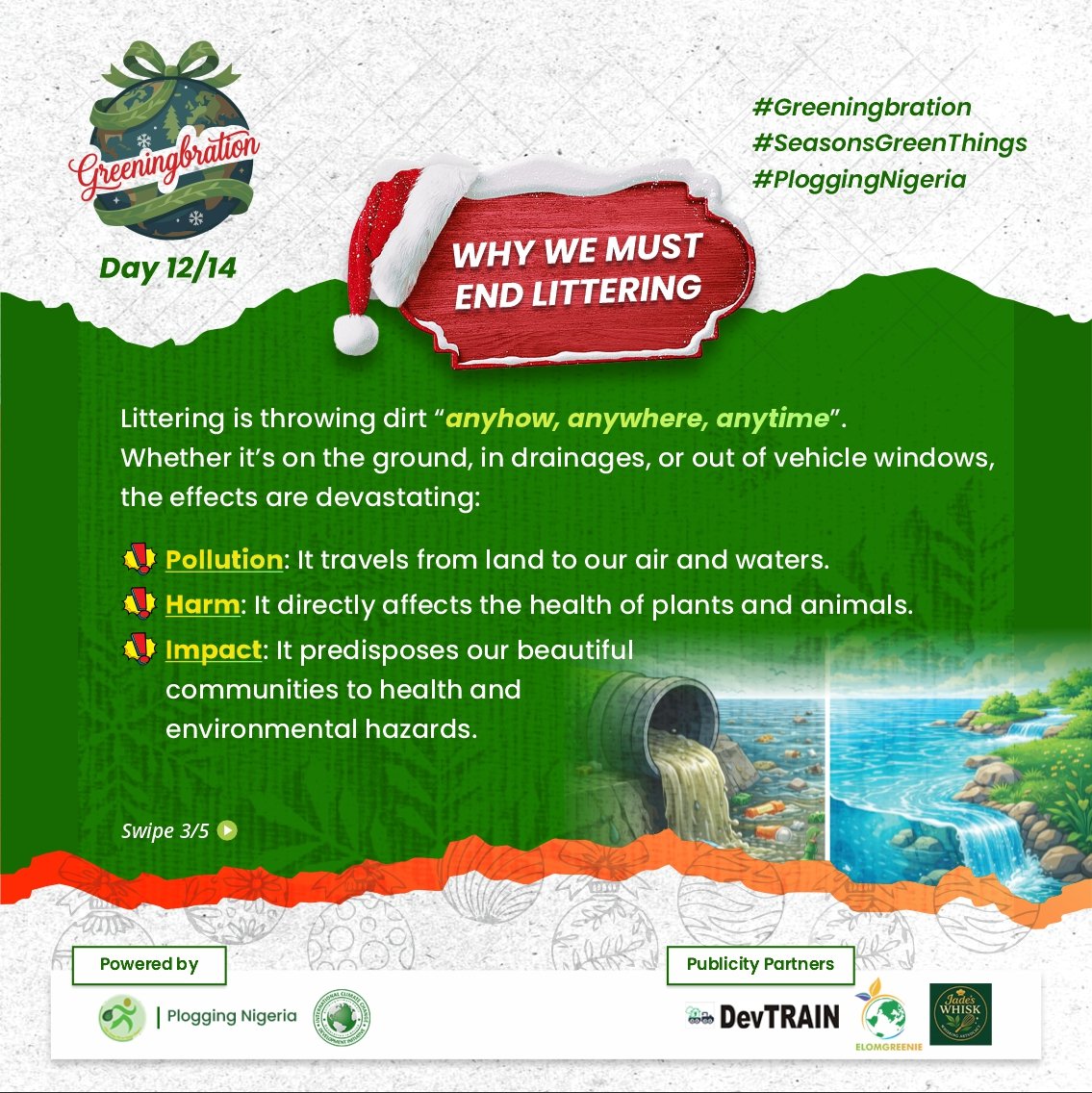 1️⃣2️⃣/1️⃣4️⃣ of #Greeningbration. 
1/2
It's still Happy New Year! 🥳 

Let’s start the year by refusing to be part of the litterbugs clustering the face of the planet. 

Whether you're at a party or on the road, remember: your actions leave a footprint.