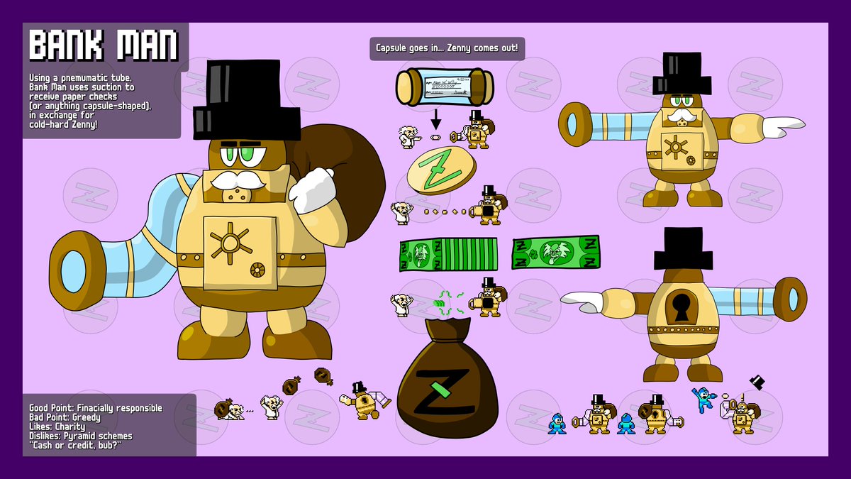 GannioSoftware's tweet photo. Robot Master Design

#MegaManDO #DesignARobotMaster

Bank Man

Designed as a literal "mobile" bank, Bank Man uses his pneumatic tube to process checks in exchange for valuable Zenny, as well as store any valuables.

Pen Name: Gannio https://t.co/OgsEJrjDxx