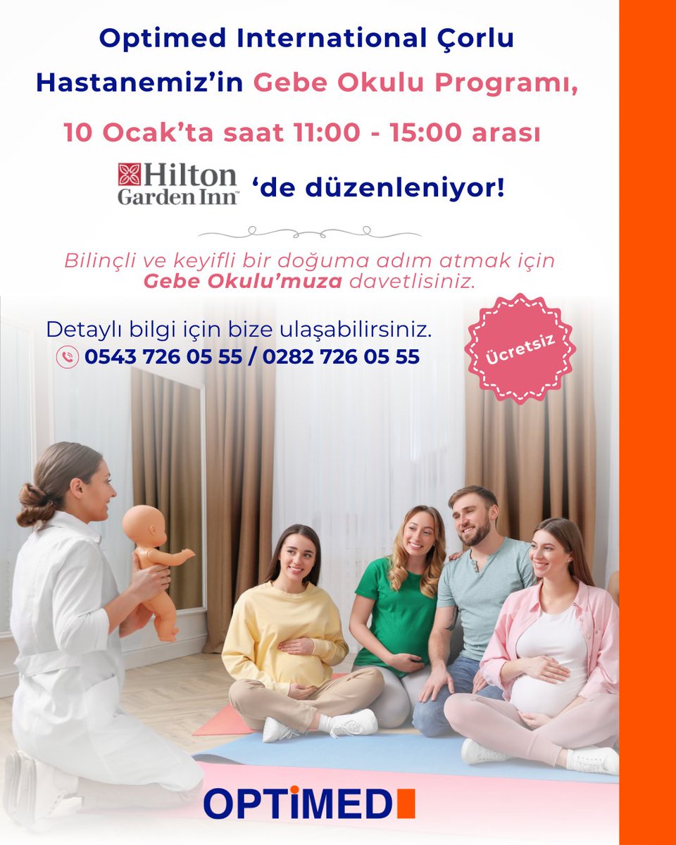 OptimedSH's tweet image. Optimed International Çorlu Hastanemiz tarafından düzenlenen Gebe Okulu Programı, 10 Ocak’ta saat 11:00–15:00 arasında Hilton Garden Inn Çorlu’da anne adaylarıyla buluşuyor. 
📞 Detaylı bilgi için 0543 726 05 55 veya 0282 726 05 55 numaralarından bize ulaşabilirsiniz.