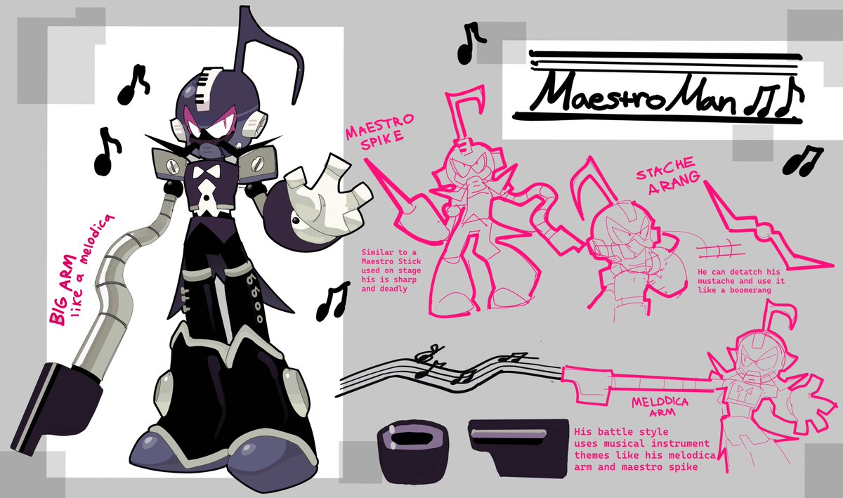 my last minute robot master design I did for fun 
Title: Maestro Man

He uses music and his instrument themed weapons to fight with 

Pen Name - evilsk8r
#DesignARobotMaster #MegaManDO