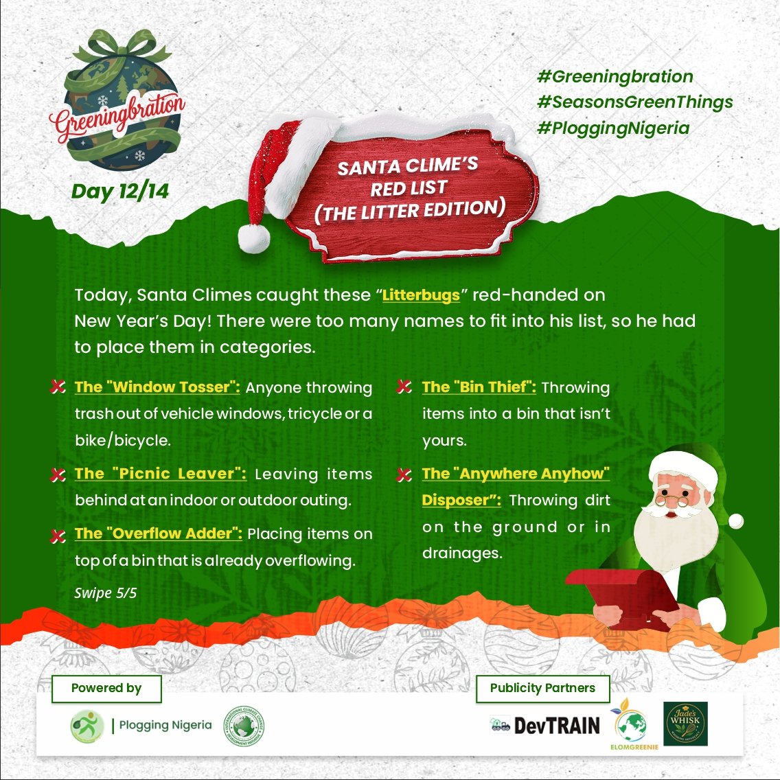 2/2
There’s NO AWAY for waste that is indiscriminately disposed of. 

Be the reason our streets stay clean today, and beyond! 🌍💚

#Greeningbration
#SeasonsGreenThings
#PloggingNigeria
#14DaysEndOfYearCampaign