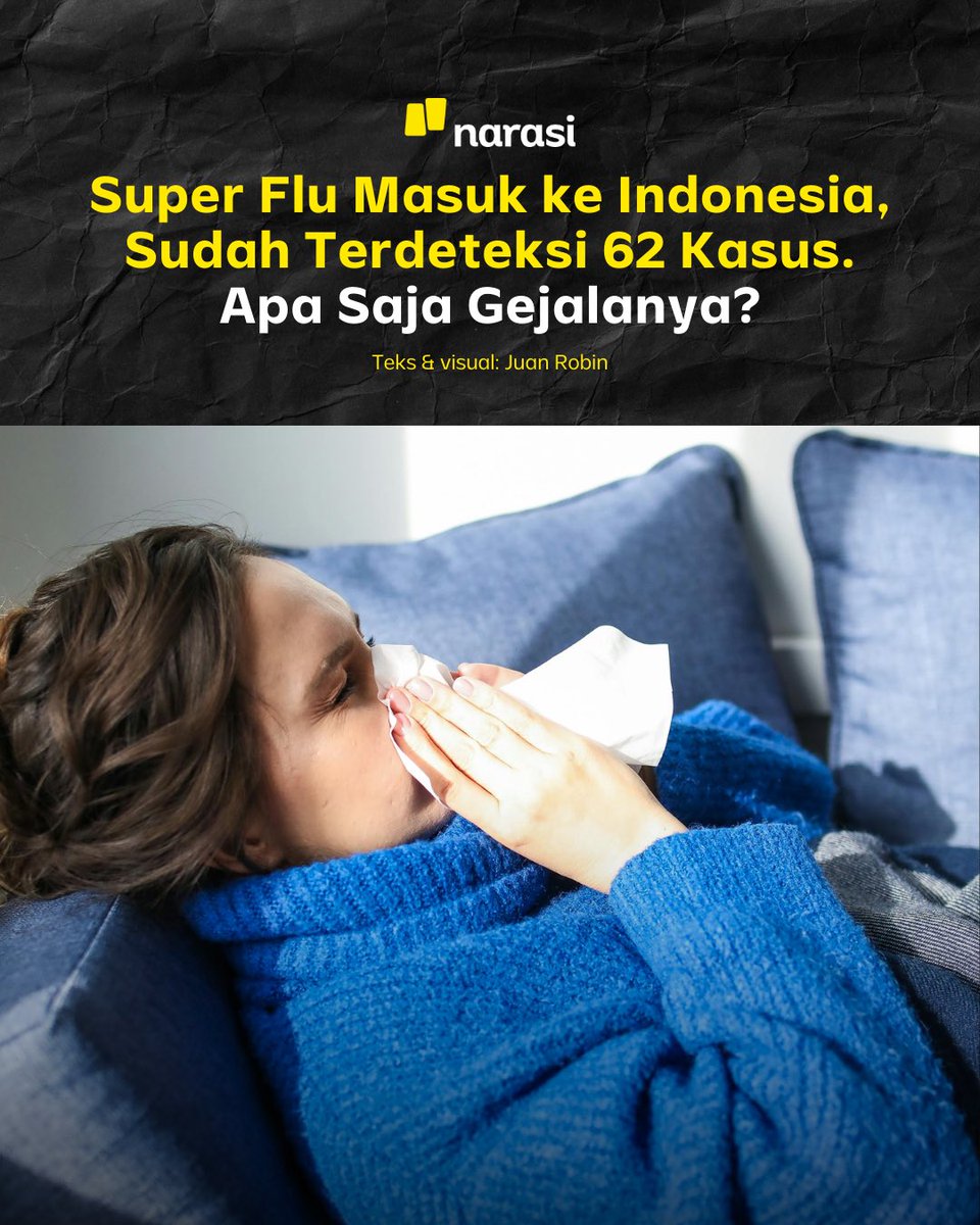 NarasiNewsroom's tweet image. Kementerian Kesehatan mengungkap, varian influenza A ‘subclade K’ yang dikenal sebagai ‘super flu’ telah masuk ke Indonesia. Apa saja gejalanya? Geser slide-nya sampai habis, ya.

| Narasi Daily