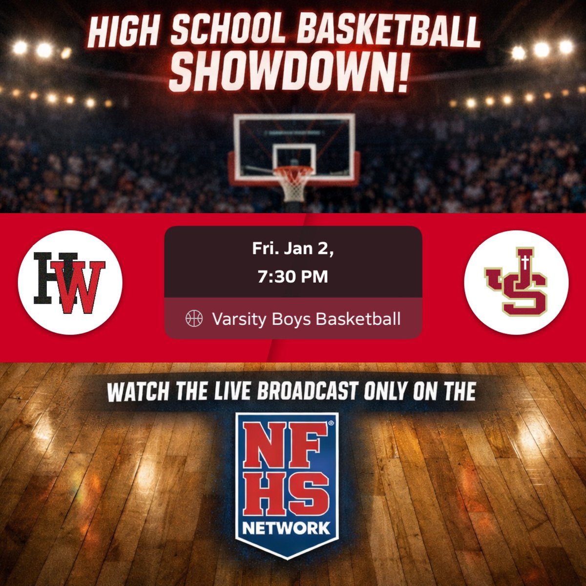 SoCalSportsProd's tweet image. 2026 @CIFSS @SoCaliFord Basketball Friday January 2nd at 7:30PM: @HWHSactivities vs. @JSerraAthletics 

Watch the Live Broadcast only on the @NFHSNetwork Watch Here: nfhsnetwork.com/events/socal-s…

@JSerra_Hoops @CoastalPrepRep @PrepHoops @MaxPreps @latimessports @latsondheimer…