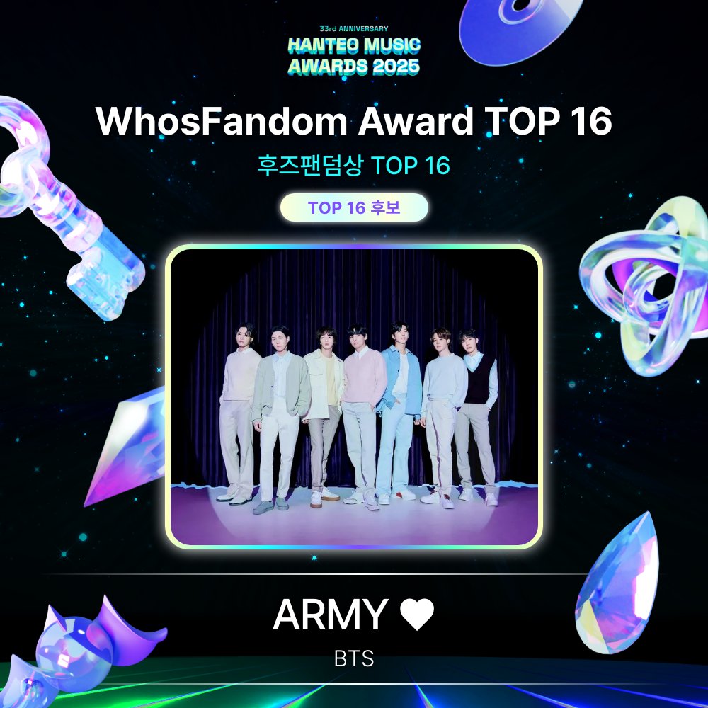 Hanteo_HMAs's tweet image. #HMA2025 x #Whosfan

🏆 #후즈팬덤상 #WhosFandomAward

💗TOP 16💗
ARMY ❤️ #BTS
@bts_bighit

📍 Whosfan App 
🗓️Day 1 : 1/5 15:00 ~ 1/6 14:59 (KST)
🗓️Day 1 : 1/8 15:00 ~ 1/9 14:59 (KST)
🗓️Day 1 : 1/11 15:00 ~ 1/12 14:59 (KST)