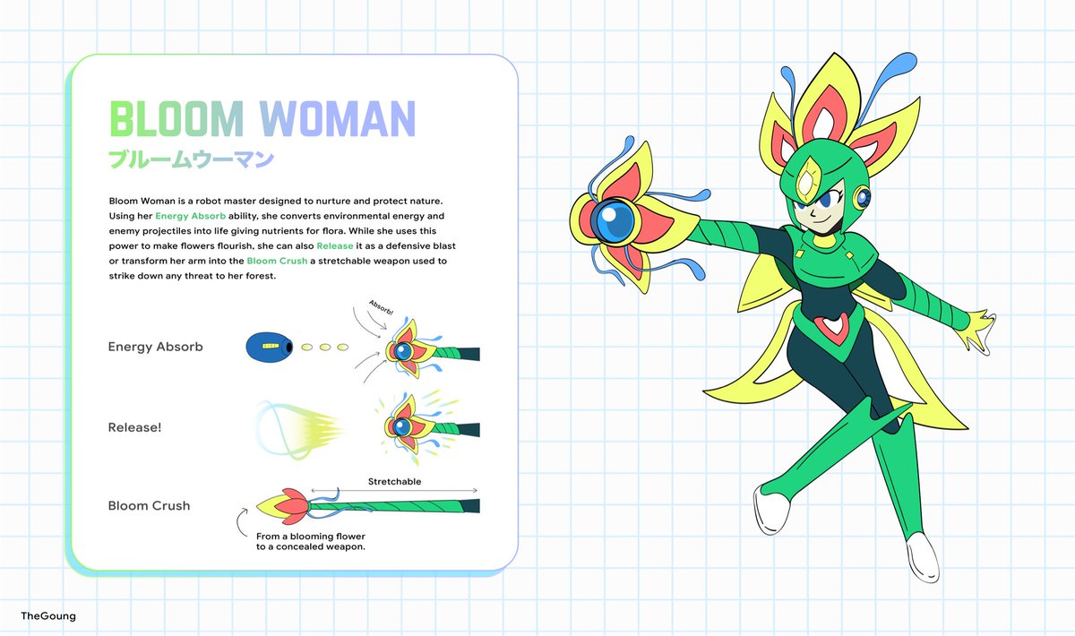 The_G0ung's tweet photo. Robot Master Design

Bloom Woman
Absorbing energy to nurture plants.

Pen name: TheGoungTH

#MegaManDo 
#DesignARobotMaster https://t.co/RlWIJJM2hN