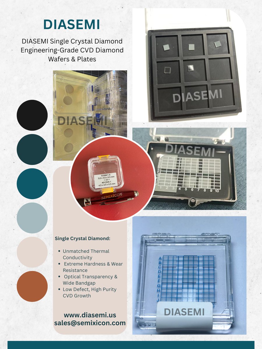 DiamondSemi's tweet photo. DIASEMI Single Crystal Diamond–Engineering-Grade CVD Diamond Wafers & Plates
https://t.co/iwxpDFxXSB
sales@semixicon.com
#singlecrystaldiamond #CVDdiamondwafer #MPCVD #thermalconductivitydiamond #diamondsubstrate #precisionoptics #semiconductorheatspreader #electronicgradediamond https://t.co/bWp00oNei8