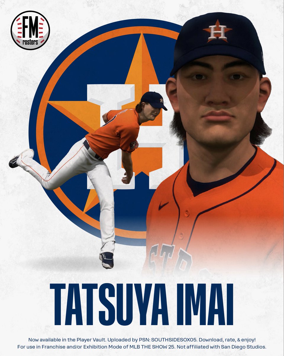 #Astros Tatsuya Imai is now uploaded to the #MLBTheShow Player Vault! Pitch selection is accurately based on 2025 NPB metrics. Ratings were determined by comparing previous NPB pitchers who have transitioned to the MLB. Uploaded by SouthSideSox05.