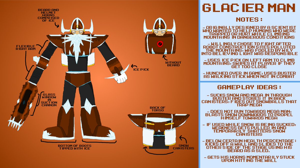 PrDotFly's tweet photo. I'm a bit late, but I wanted to throw my hat into the ring for the Robot Master Design Contest!
︀︀
︀︀MEET GLACIER MAN! He patrols mountain ranges and uses his suction cannon to rescue lost travelers from avalanches!
︀
︀︀Pen Name: Pr. Fly
︀︀#MegaManDO #DesignARobotMaster https://t.co/EK0bqoZLHC