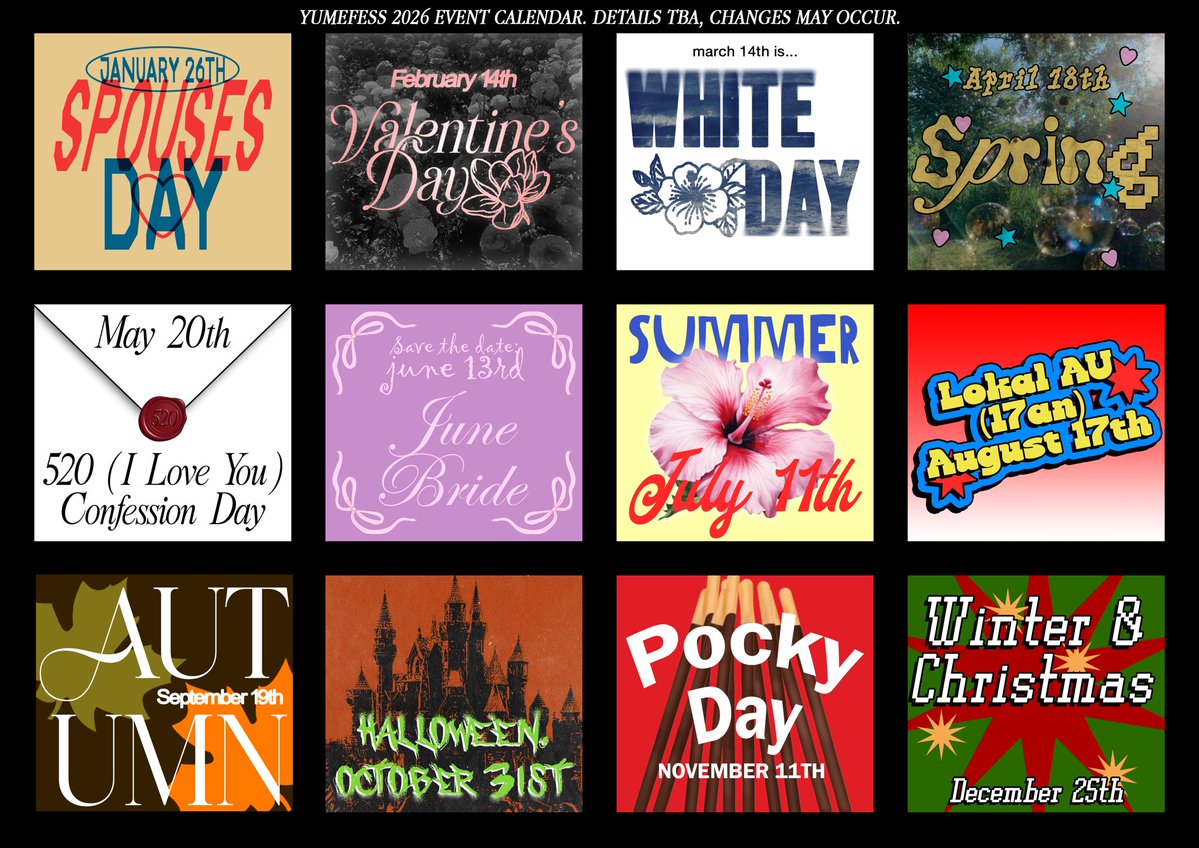 [ YUMEFESS CALENDAR ]
Mohon untuk diperhatikan kalender event 2026 dari yumefess❣️

Notes:
1. Bersifat tentatif, admin bisa mengubah detail tanggal &amp; event sesuai situasi
2. Detail akan diumumkan menjelang event