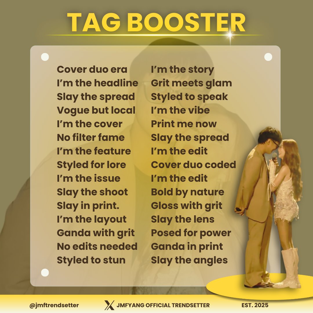 jmftrendsetter's tweet image. 𝐁𝐄𝐒𝐓𝐈𝐄𝐕𝐈𝐋𝐋𝐄, 𝐇𝐄𝐑𝐄'𝐒 𝐎𝐔𝐑 𝐅𝐈𝐑𝐒𝐓 𝐓𝐀𝐆 𝐁𝐎𝐎𝐒𝐓𝐄𝐑

goal: one thousand replies.

JMFYANG ALWAYS IN ALL WAYS

@imsofiasmith | @jmdibarra_