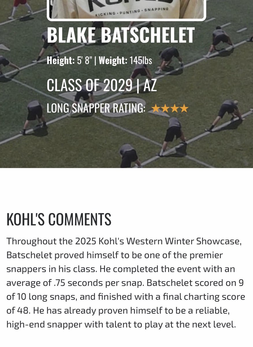 BlakeBatschelet's tweet photo. I am blessed to receive a 4⭐️ ranking after the Kohl’s Western Showcase and to be up there with the best in the class of 2029. I am excited to compete at the Future Stars event in Florida. https://t.co/p3EDJRyGlP